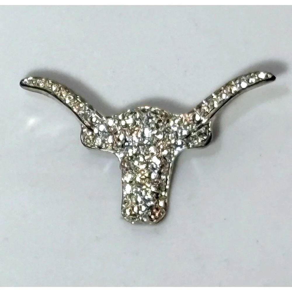 Rhinestone Longhorn Steer Head Brooch Pin Silver Tone Western Cowboy Texas Y2K